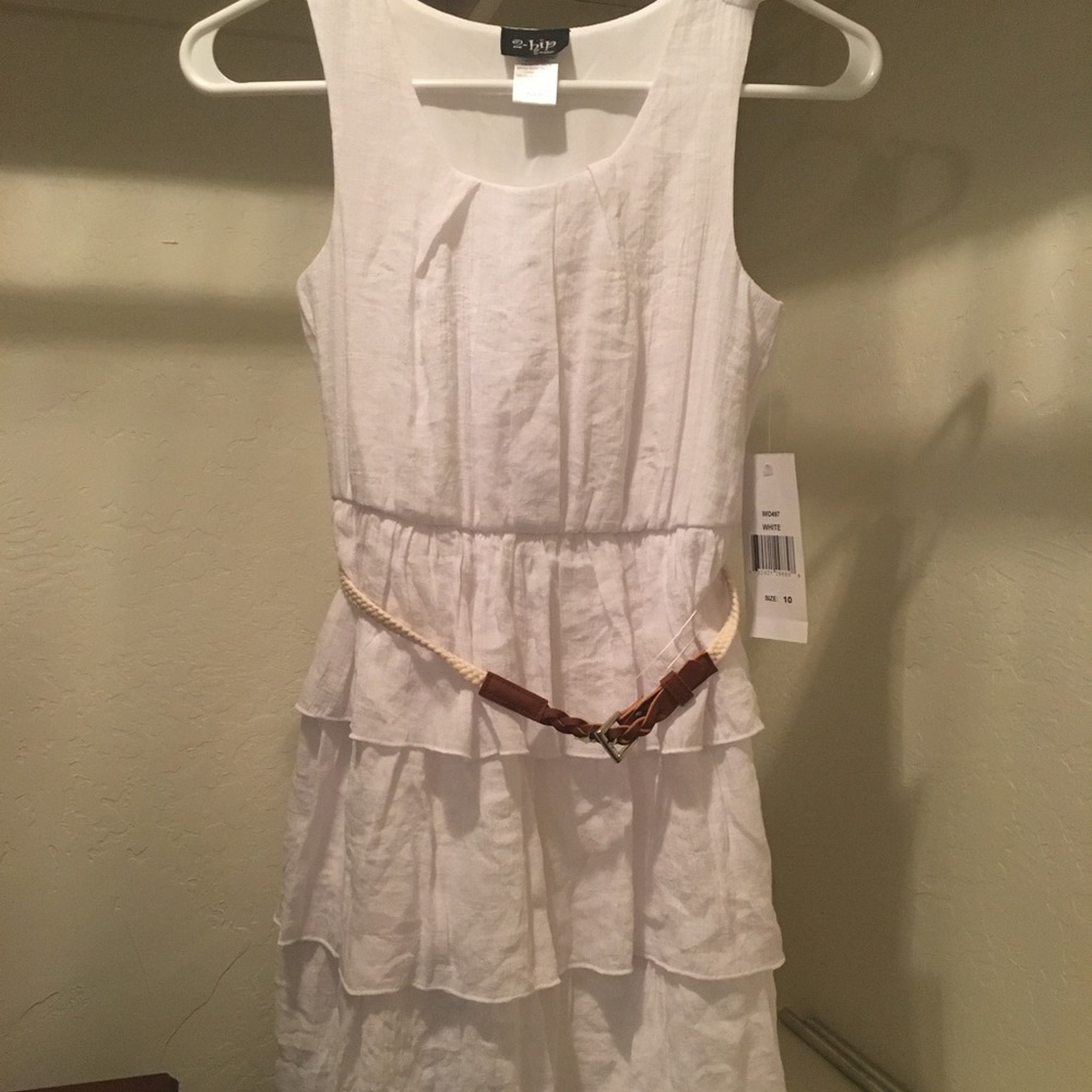 Girls white ruffle belted dress